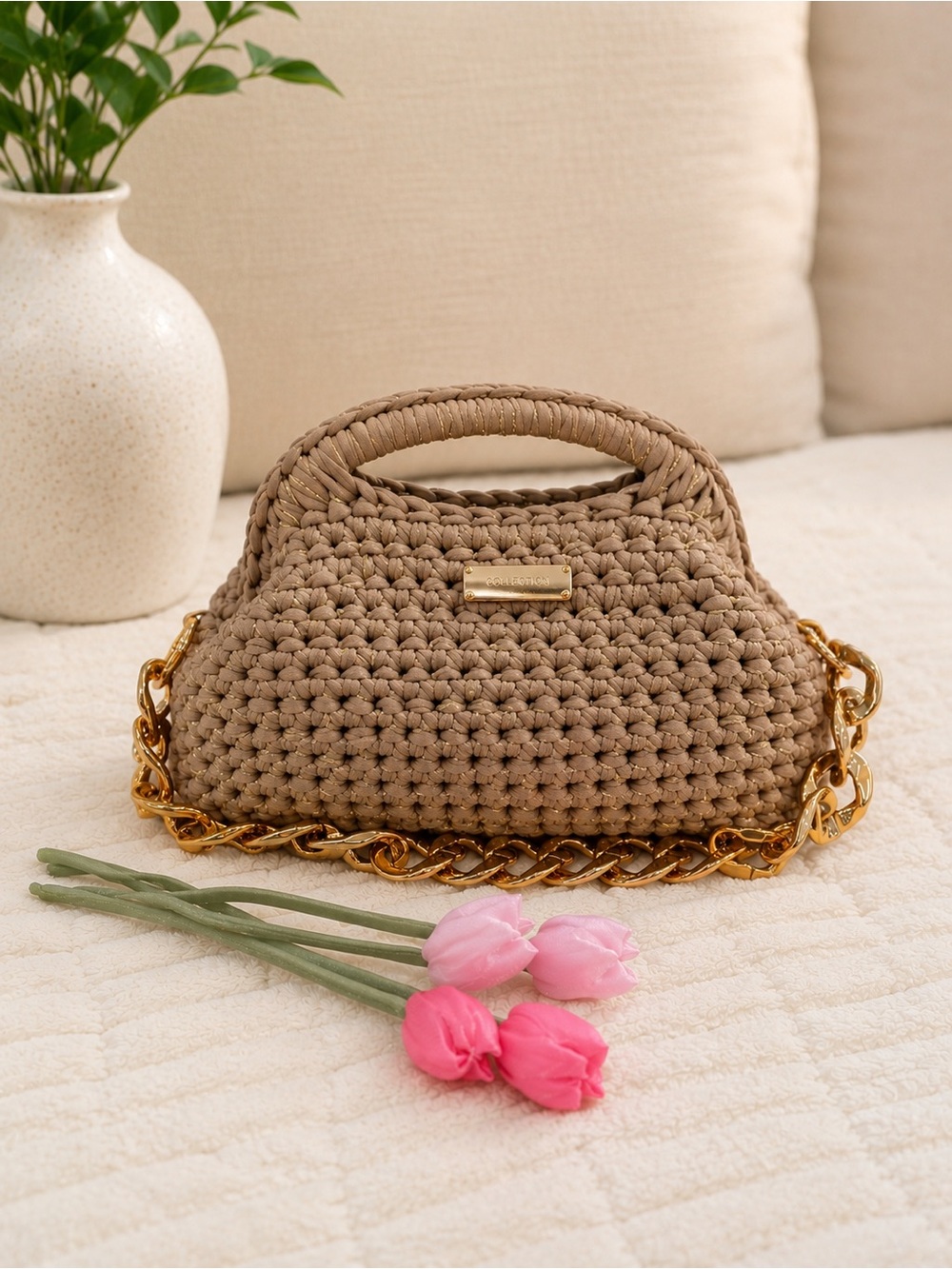 NEW Handmade Peruvian Crochet Handbag – Gold Chain & Flower Charms
